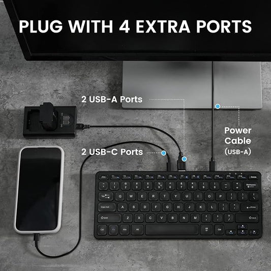Perixx PERIBOARD-416 Wired Mini USB Keyboard with 4 Hubs - X Type Scissor Keys - Detachable USB-C and A Cable - US English