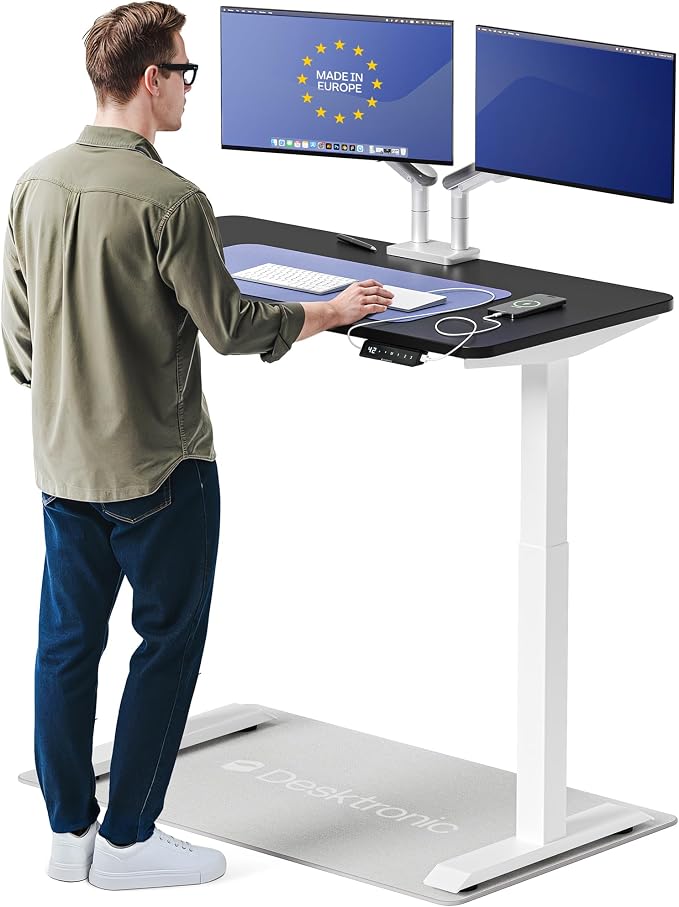 Desktronic HomeOne Standing Desk 48x24 — Ergonomic Sit Stand Home Office Desk, Made in Europe, Electric Dual Motor Height Adjustable, USB & USB-C Charging, Wobble-Free, Touchscreen, 3 Memory Presets