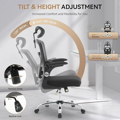 Office Chair Ergonomic Desk Chair - Home Mesh Office Desk Chair with Wheels, High-Back Computer Gaming Chair with Adjustable Headrest, Rolling Swivel Task Chairs for Home, Office, Gaming Room, Black