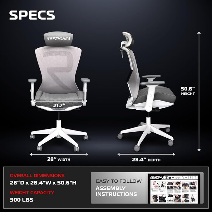 RESPAWN SPIRE Ergonomic Office Chair with Lumbar Support, Headrest, Adjustable Arms and Cooling Gel Seat Cushion, Comfy Breathable Mesh Seat for Home Office, High Back Reclining Gaming Chair - White