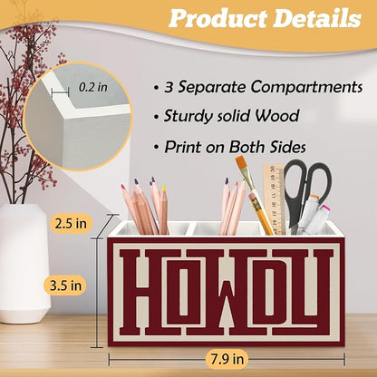 Retro Howdy Western Pen Holder Organizer for Desk Accessories, Western Gifts for Women Men, Neutral Minimalist Southwestern Wooden Box Sign Desk Decorations for Home Office Decor