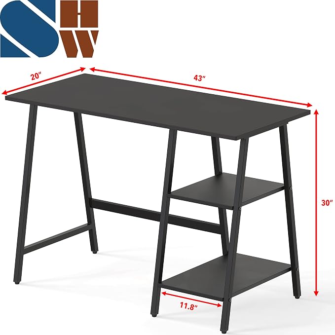 SHW 43-Inch Home Office Trestle Computer Desk with Open Storage Shelves, Black