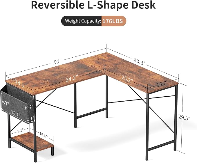 Simple Deluxe L Shaped Desk Gaming Computer 50 Inch Reversible Corner Table PC Work Table for Writing Study Student with Wood Tabletop Metal Frame CPU Stand Side Bag for Home Office Small Place