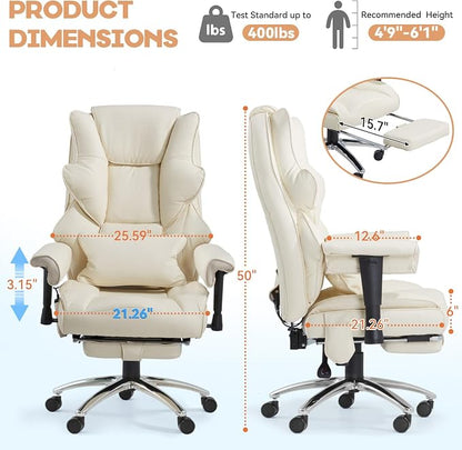 Massage Office Chair with Foot Rest, Ergonomic Executive Heated Office Chair with Reclining Backrest, Adjustable Arms and Lumbar Support, High Back Leather Desk Chairs for Home Office, Beige