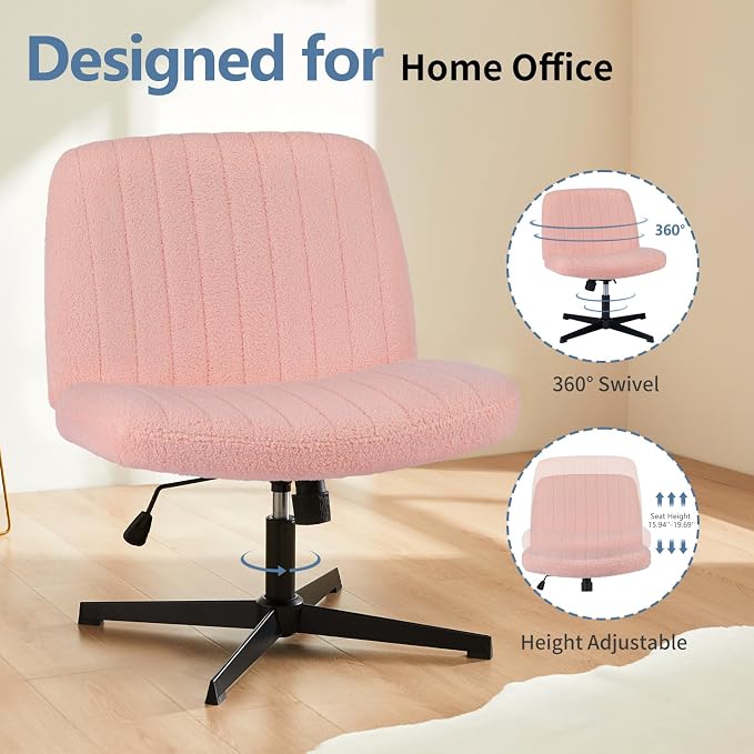 DUMOS Criss Cross Chair No Wheels, Cross Legged Office Desk Armless Vanity Chiar Wide Seat, Height Adjustable Swivel Computer Task Chairs for Home Bedroom, Pink Teddy
