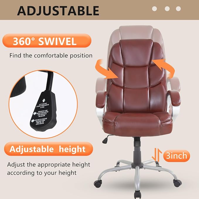 FDW Office Chair Computer High Back Adjustable Ergonomic Desk Chair Executive PU Leather Swivel Task Chair with Armrests Lumbar Support (Dark Brown)