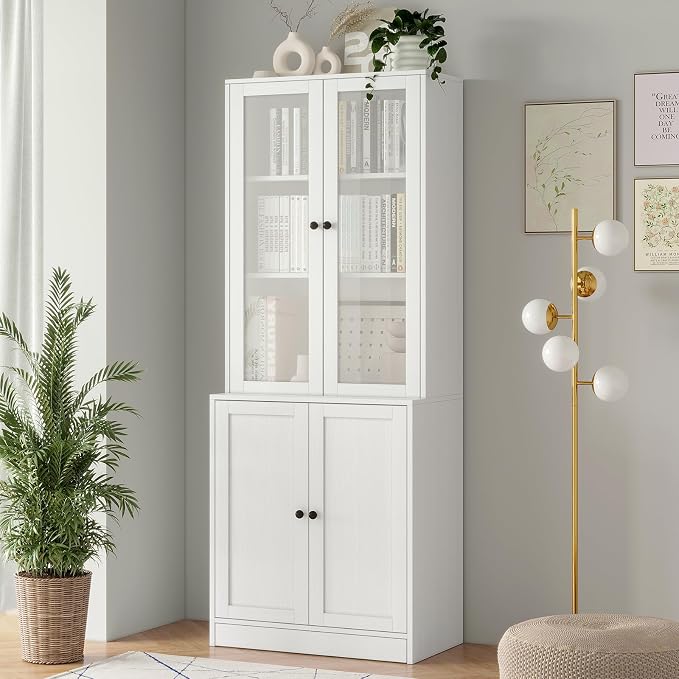 TUSY 71'' Bookshelf with Doors - 5 Tier Freestanding Tall Bookcase, Modern Storage Cabinet for Home Office, Curio Cabinets with Glass Door for Living Room(1, White)