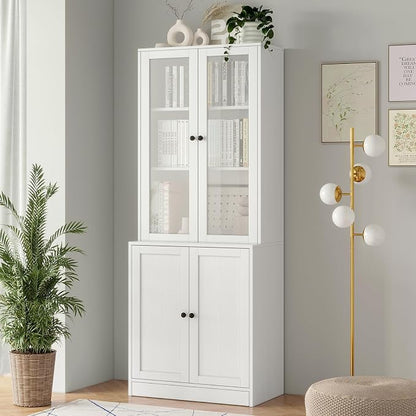 TUSY 71'' Bookshelf with Doors - 5 Tier Freestanding Tall Bookcase, Modern Storage Cabinet for Home Office, Curio Cabinets with Glass Door for Living Room(1, White)