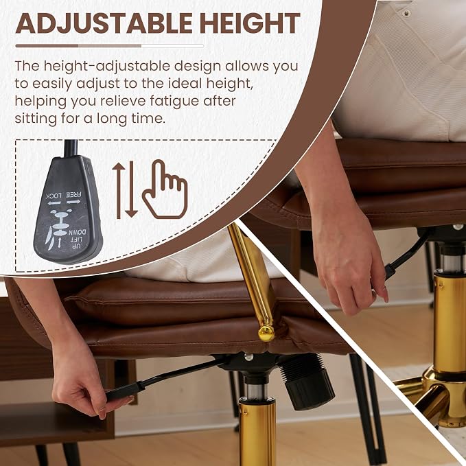 MOJAY Mid-Back Ergonomic Leather Office Desk Chair, Modern Upholstered Computer Chair, Executive Office Chair with Arms, Swivel Adjustable Rolling Chair with Gold Base (Brown)