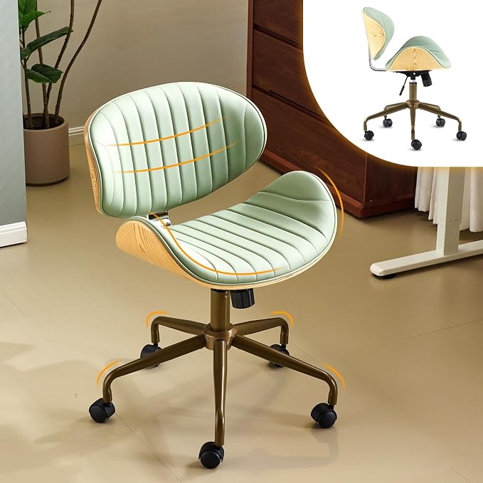 VINGLI Wide Comfotable Swivel Home Office Chair with Wood-Grain Curved Shell,Ergomomic Mid-Back Padded Armless Rolling Desk Chair with Wheels,Height Adjustable for Computer,Task,Work,PU Leather,Green