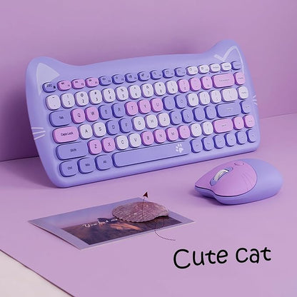 Cute Cat 2.4G USB Wireless Keyboard and Mouse Combo, Silent Keys, Candy Colors, Compatible with Notebook, PC (Purple-84Keys)