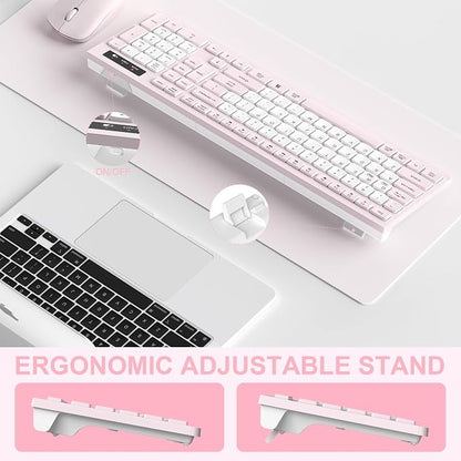 Wireless Keyboard and Mouse Combo, Full-Sized Quiet Wireless Keyboard and Adjustable DPI Mouse, 2.4GHz USB Receiver, Keyboard and Mouse for PC, Windows, Desktop, Laptop (Pink and White-B)