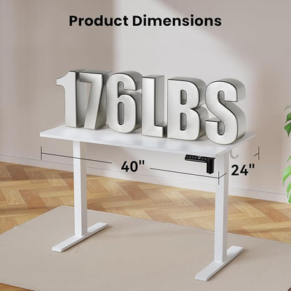 WALKINGDESK 40x24 Inches Height Adjustable Electric Standing Desk with 2 Hooks for Home Office, Ergonomic Sit Stand up Desk with Splice Board, White