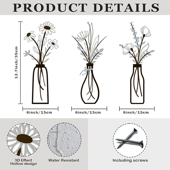 3 Pieces Metal Vase Flowers Wall Arts - Rustic Farmhouse Style Décor Metal Wall Art Black Minimalist Flower Natural Themed Wall Decors for Home Bedroom Dining Room Housewarming (Brown-Blue, Vase-C)