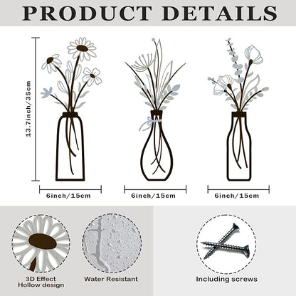 3 Pieces Metal Vase Flowers Wall Arts - Rustic Farmhouse Style Décor Metal Wall Art Black Minimalist Flower Natural Themed Wall Decors for Home Bedroom Dining Room Housewarming (Brown-Blue, Vase-C)