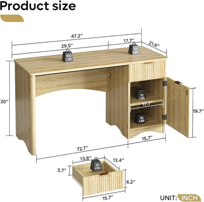 Bestier 47 inch Fluted Computer Desk with Drawer, Office Desk with File Cabinet, Modern Wood Desk with Storage Cabinet for Home Office Bedroom Study, Natural Oak