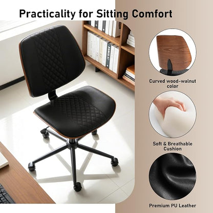 DYHOME Modern Walnut Home Office Chair with Wheels, Executive Office Desk Chair No Arms, Adjustable Height Small Desk Chair, Comfy PU, Deeper Cushion, Mid Back 360 Swivel Computer Chair, Black