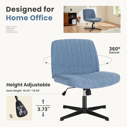 DUMOS Criss Cross Chair No Wheels Legged Office Wide Comfy Desk Vanity Chair, Armless Computer Task Seating, Swivel Home Height Adjustable for Bedroom, Study, Fabric, Blue No Wheel