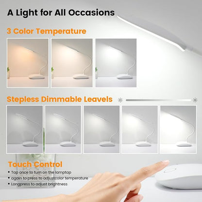 Battery Powered Desk Lamp, Portable Lamps Rechargeable 3 Color Modes Touch Control Stepless Dimming, Wireless Desk Lamp with 2000mAh, Small LED Table Light for Dorm Study Office Bedroom,White
