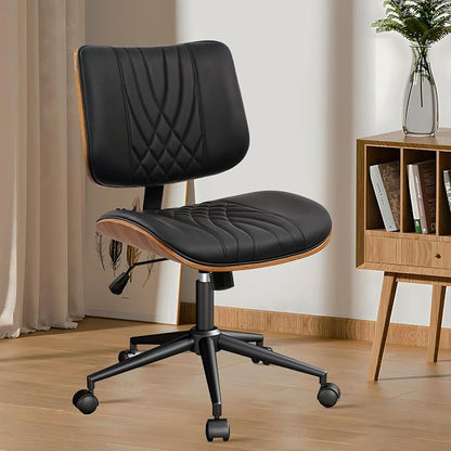 CLATINA Armless Home Office Chair, Desk Chair with Wheels, Adjustable Height Reading Chair, Leather Mid Back & Swivel Computer Chair, Modern Walnut Chairs with Back for Study Meeting Room(Black) 2Pack