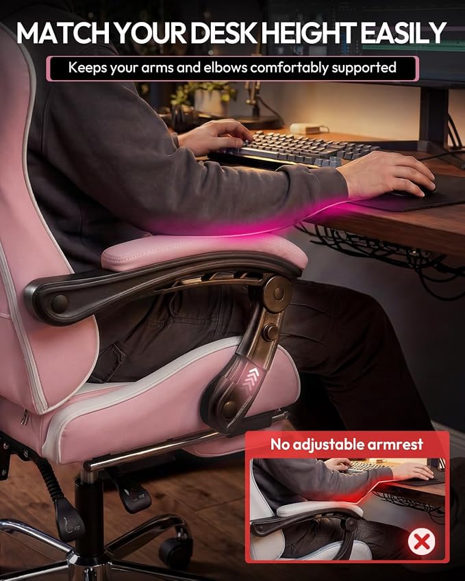 Dowinx Ergonomic Gaming Chair with Footrest & Massage Lumbar, 2D-Linkage Armrests for Computer Chair 330lbs with Headrest Pillow for Office, Home, Streaming and Long Gaming Sessions, Bright Pink