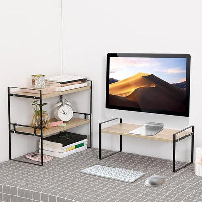 YGYQZ Wood Office Desk Shelf Organizer - Desktop Supplies Cute Dresser Top Organization Storage Rack and Cubicle Decor Aesthetic Bookshelf for Women Man and Kids (Black Wood-Three Tier)