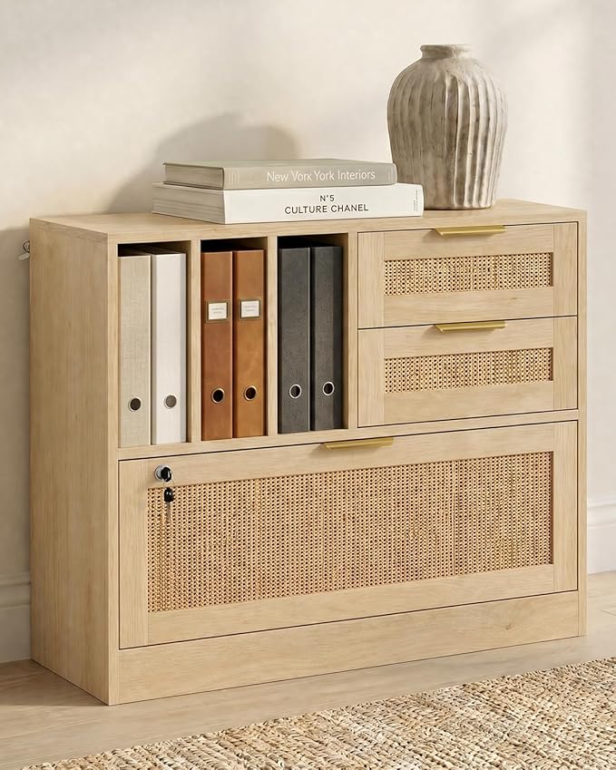 Lateral File Cabinets for Home Office, 3 Drawer and 3 Open Shevles Filing Cabinet with Lock, Wide Rattan Filing Organization Storage Cabinets with Printer Stand for Hanging Files/Letter, Natural Wood
