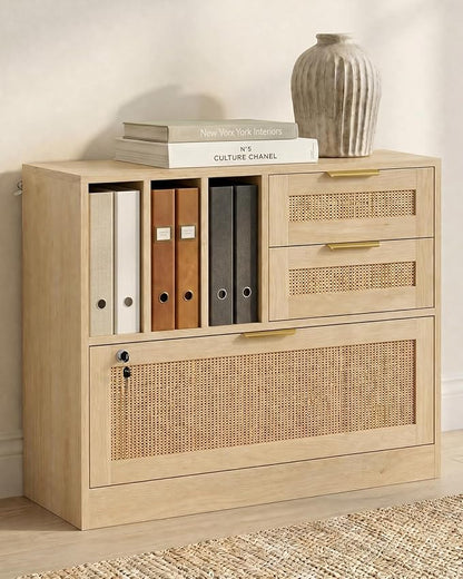 Lateral File Cabinets for Home Office, 3 Drawer and 3 Open Shevles Filing Cabinet with Lock, Wide Rattan Filing Organization Storage Cabinets with Printer Stand for Hanging Files/Letter, Natural Wood