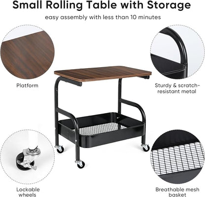 Rolling Printer Stand with Wheels 2 Tier Under Desk Printer Table with Storage, Mobile Small Short Rolling Cart for Home Office Pantry Organization, Black