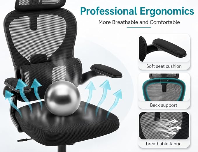 Ergonomic Office Chair with Adjustable Headrest & Lumbar Support, High Back Mesh Desk Chair, 330 LBS Capacity Swivel Computer Chair with Flip-Up Arms, Home Office Gaming Chair(Black)