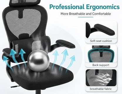 Ergonomic Office Chair with Adjustable Headrest & Lumbar Support, High Back Mesh Desk Chair, 330 LBS Capacity Swivel Computer Chair with Flip-Up Arms, Home Office Gaming Chair(Black)