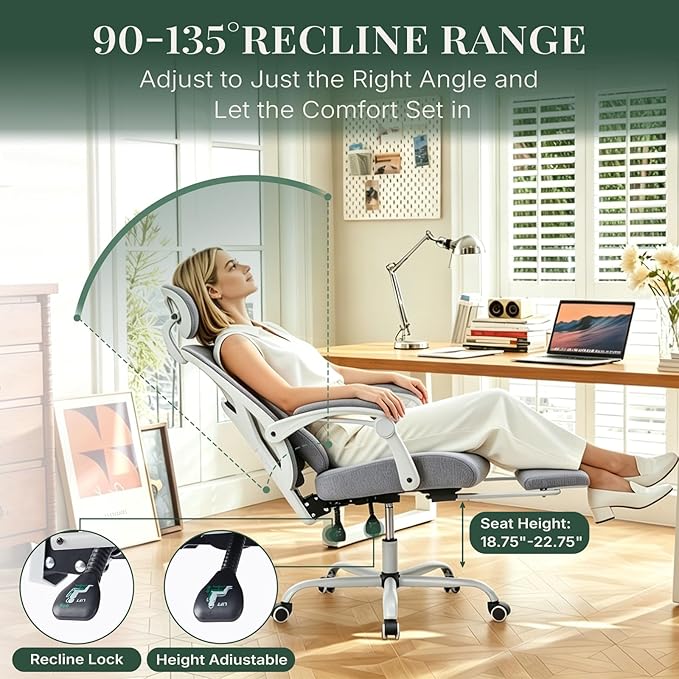 Ergonomic Office Chair with Footrest, High Back Home Desk Computer Chair with Lumbar Support & Headrest, 90-135° Reclining Mesh Back with Wheels for Work, Gaming, Grey