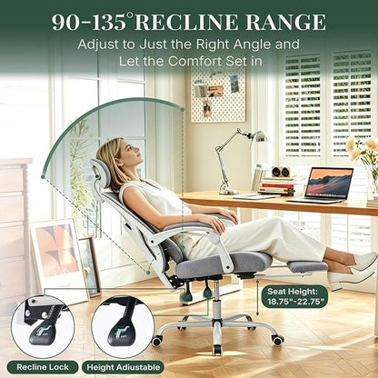 Ergonomic Office Chair with Footrest, High Back Home Desk Computer Chair with Lumbar Support & Headrest, 90-135° Reclining Mesh Back with Wheels for Work, Gaming, Grey