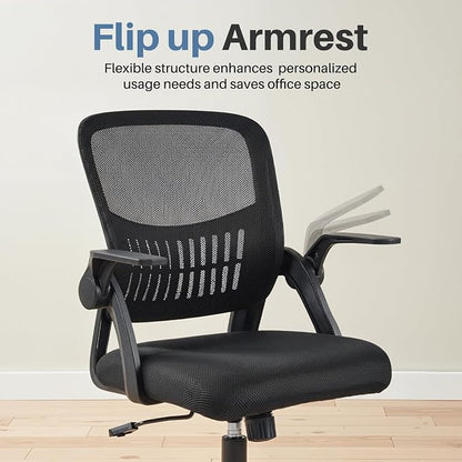 DUMOS Home Office Computer Chair - Ergonomic Mid Back Desk with Lumbar Support and Rocking Mode, Height Adjustable with Flip-up Armrest, for Conference Meeting Room, 360° Swivel, Adults, Black