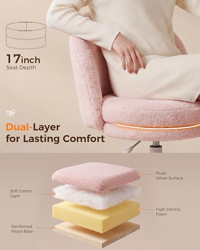 GTPLAYER Velvet Tall Office Chair with Wheels Vanity Chairs with Back, Versatile Height Use: Office to Bar Stools Small Ergonomic Comfy Armlees Computer Desk Chair with Bow Lumbar Pillow for Gift
