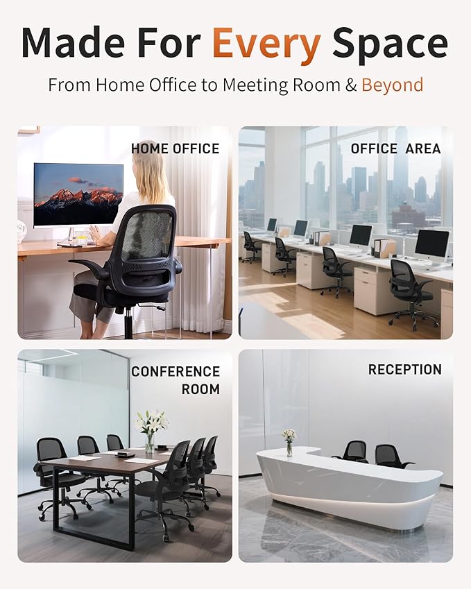 Ergonomic Mesh Office Chair with Flip-Up Arms, Adjustable Height, Breathable Mesh Back & Thick Cushion Seat, 360° Swivel Rolling Computer Desk Chair, BIFMA Certified, Supports 302 lbs（Gray）