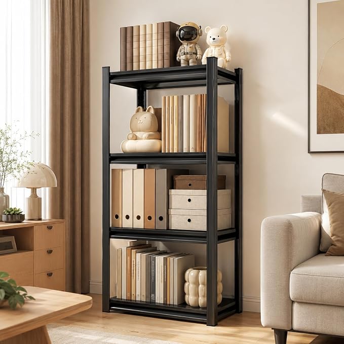 4 Tier Metal Bookshelf, Adjustable Tall Bookcase, Heavy Duty 2400 LBS Modern Deep Book Shelf, Bolt-Free Storage Shelves for Living Room, Home Office, Garage, 13.8" Wx 11.8" Dx 44.1" H