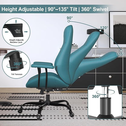 E-Ser Leather Desk Chair, Mid Century Modern Office Chair, Green | Lumbar Support, Ergonomic, 360° Swivel, Rubber Rolling Wheels, Adjustable Height, for Adults