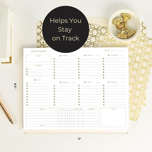BLU MONACO | Undated Weekly Planner Notepad | Gold Edge Desk Pad 8.5 x 11 with Tear Off Sheets | Weekly Planner with To Do List for Work Desk Organization