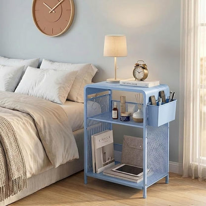 ECOLOVI 3 Tier Printer Stand for Under Desk, Height Adjustable Shelf Small Printer Table with 3 S-Hooks & Basket, Heavy Duty Industrial Storage Shelf for Home Office (Blue Metal)