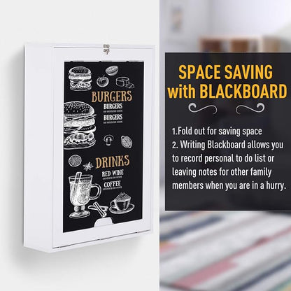 Foldable Wall Mounted Desk with Storage Shelves, Fold Out Convertible Computer Table with Blackboard, Folding Writing Table Workstation for Small Spaces,Home Office (White-a)