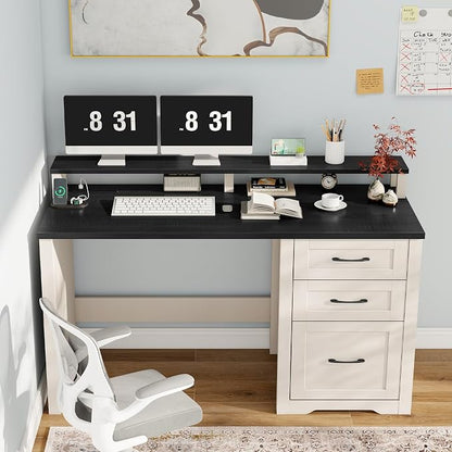 Vabches 47" Farmhouse Executive Desk with Monitor Stand & File Cabinet,3 Drawers Computer Desk with LED Lights and Power Outlets,Workstation for Home Office, Study,Writing,Black