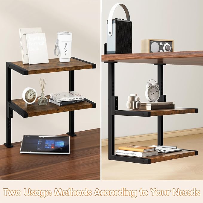 IBUYKE Clamp on Desk Organizer Shelf,12.9 inches Desk Extender Shelves, Above or Below Desk 2-Tier Adjustable Storage Shelves for Desktop Accessories,Rustic Brown,TMZ007H