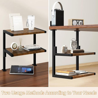 IBUYKE Clamp on Desk Organizer Shelf,12.9 inches Desk Extender Shelves, Above or Below Desk 2-Tier Adjustable Storage Shelves for Desktop Accessories,Rustic Brown,TMZ007H