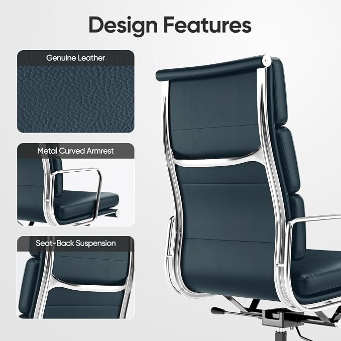 Genuine Leather Office Chair, Padded Executive Desk Chair with Arms, Wheels, Lumbar Support, Aluminum Base (Dark Blue, High-Back)