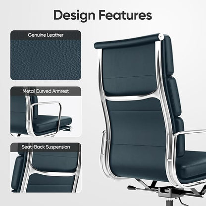 Genuine Leather Office Chair, Padded Executive Desk Chair with Arms, Wheels, Lumbar Support, Aluminum Base (Dark Blue, High-Back)