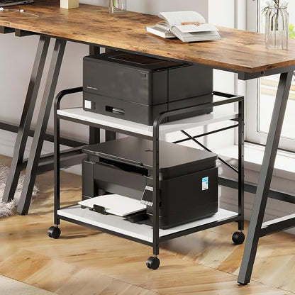Printer Stand, 22''W X 20''D X 22.4''H 2 Tier Under Desk Printer Stand, 3D Large Printer Table with Height Adjustable Shelf, Rolling Printer Cart with Wheels for Home Office Organization, White