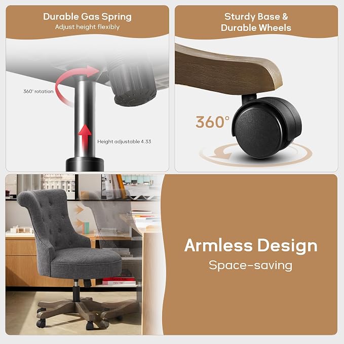 HUIMO Home Office Chair Upholstered Armless Desk Chair with Wheels Adjustable Height Computer Desk Chair with Wooden Legs Linen Fabric Comfortable Swivel Chairs for Home Office Study Studio (Grey)