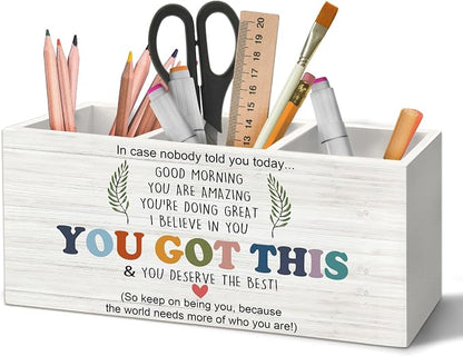 Inspirational Affirmations Pen Holder Organizer for Desk Accessories, Motivational Quote Wooden Box Sign Desk Decorations for School Office Tabletop Decor,You Got This Gift for Women