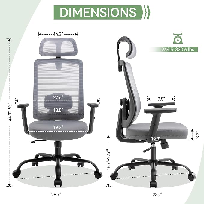 Ergonomic Office Chair, Office Desk Chair with High Back Mesh and Adjustable Lumbar Support, Rolling Work Chairs with Wheels and Adjustable Headrests, Wide Cushion, Set of 4, Grey